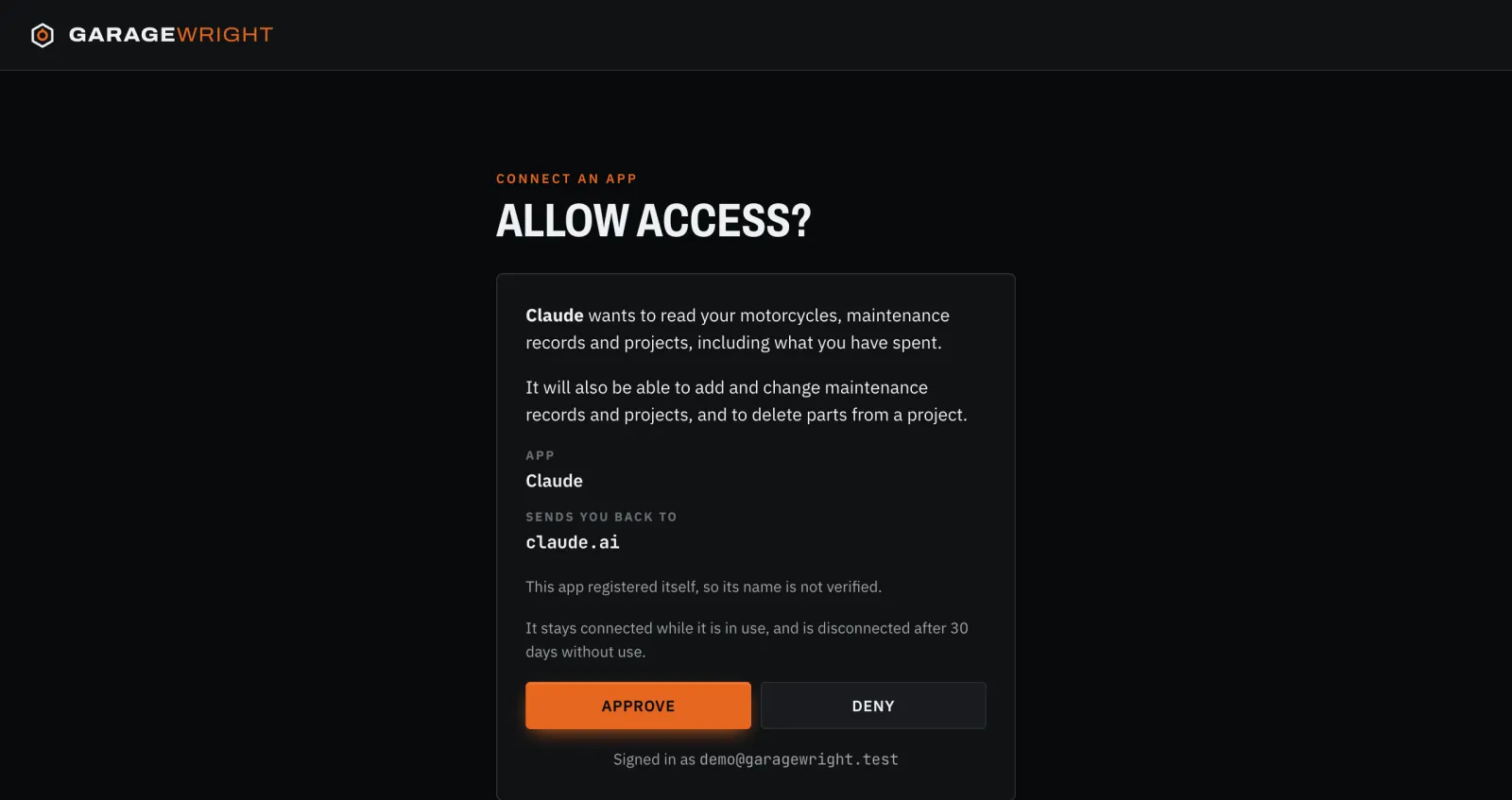 Garagewright's page asking whether to allow Claude access: it says Claude wants to read your motorcycles, maintenance records and projects, and to add and change maintenance records and projects and delete parts, with Approve and Deny buttons.