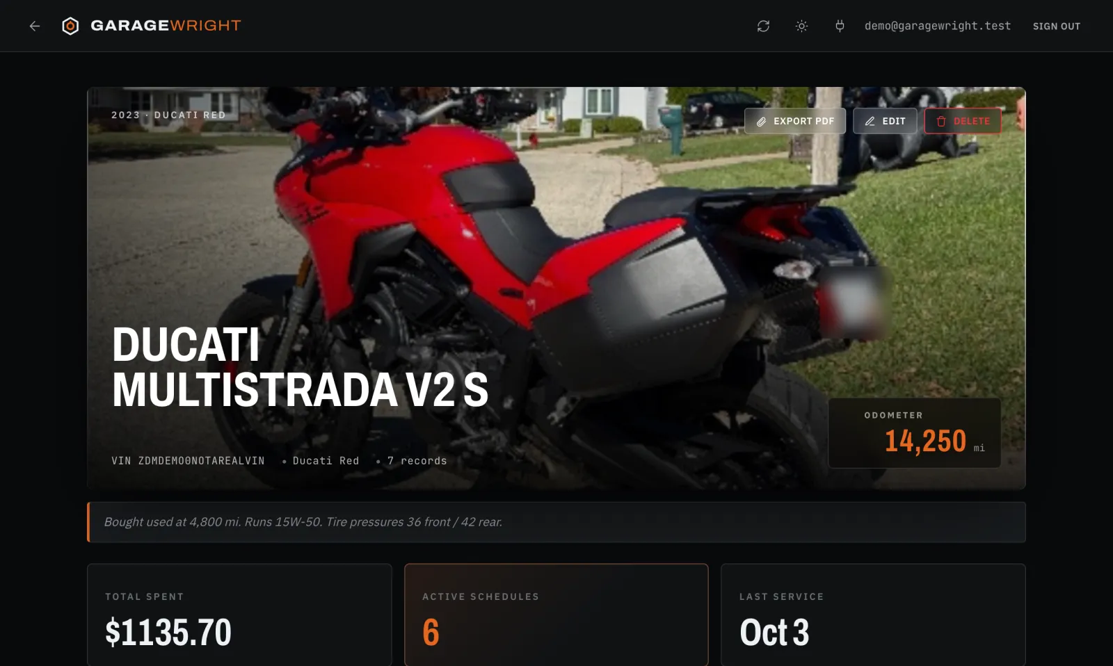 A Ducati Multistrada's page in Garagewright: the bike's photo, its odometer at 14,250 miles, and totals for money spent, schedule items and the last service.