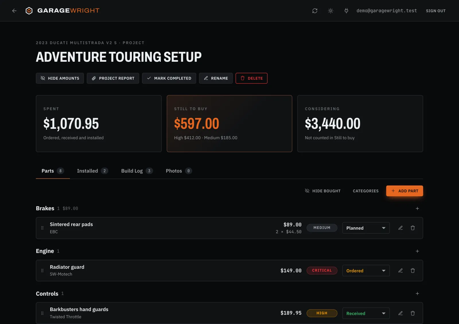 An adventure touring Project: totals for Spent, Still to buy and Considering, then its Parts grouped by Category, each with a price, a Priority and a Part Status.