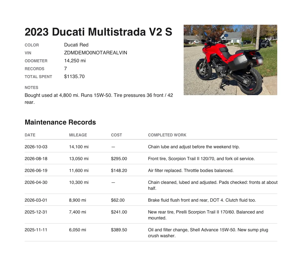 The first page of a Maintenance Report PDF: the motorcycle's details and photo, then a table of its Maintenance Records with dates, mileage and costs.